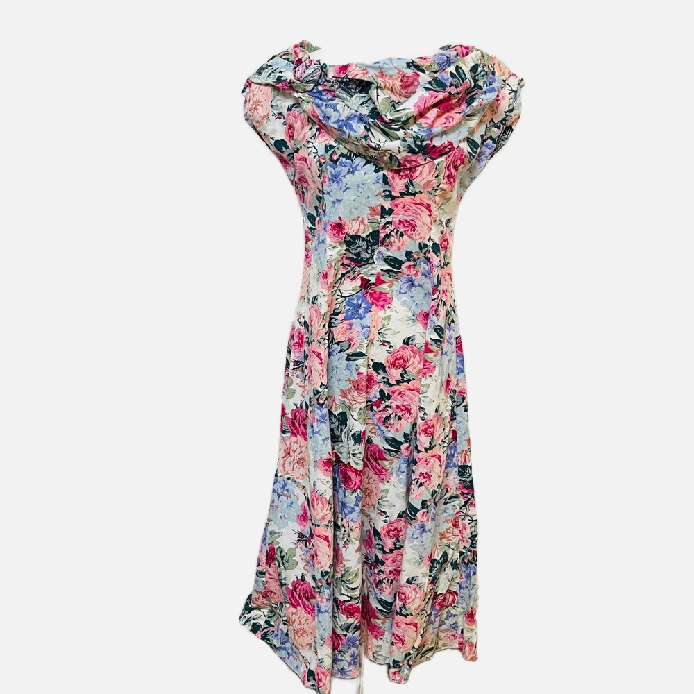 Robbie Bee‎ Vintage Floral Cowl Neck Midi Cotton Dress Rose Tea Party Size 10